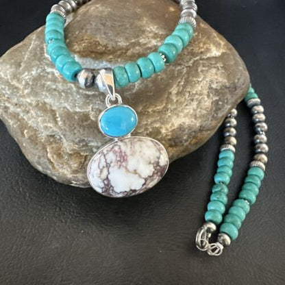 Navajo Wild Horse | Blue Kingman Turquoise Pendant Necklace | Sterling Silver | Native American Handmade | 17572