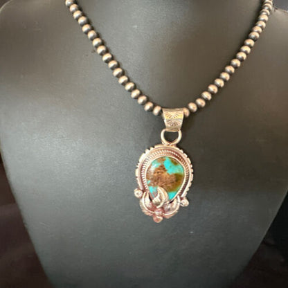 Navajo Blue Turquoise Pendant Necklace | Sterling Silver Pearls | Authentic Native American Handmade | 15655