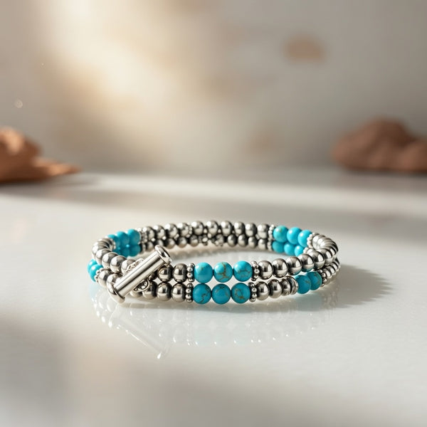 Blue Turquoise Faceted Bead Navajo Beads Bracelet 7.5" | Sterling Silver | Authentic Native American Handmade | 18999