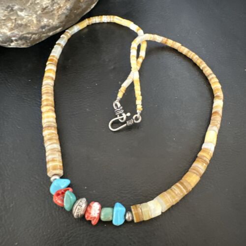 Authentic Native American Santo Domingo Shell Red Coral Blue Turquoise Onyx Necklace | 18" | 16946