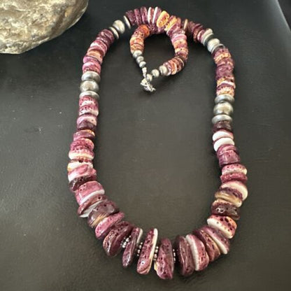 Navajo Purple Spiny Oyster Necklace | Sterling Silver Pearls | 22" | Authentic Native American Handmade | 16703