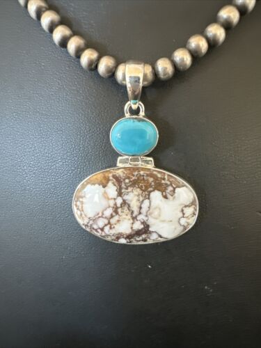 Navajo Wild Horse | Blue Kingman Turquoise Necklace | Sterling Silver | Authentic Native American Handmade | 17309