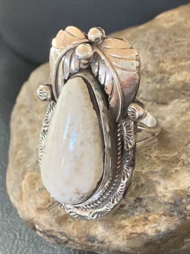 Southwestern Navajo White Buffalo Turquoise Ring | Sterling Silver | Sz 9 | Authentic Native American Handmade | 01963