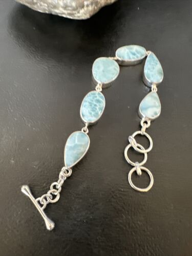 Navajo Blue Larimar Link Bracelet | Sterling Silver | 8" | Authentic Native American Handmade | 16081