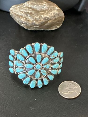 Navajo Blue Turquoise Cluster Cuff Bracelet | Sterling Silver | Old Pawn | Authentic Native American Handmade | 17220