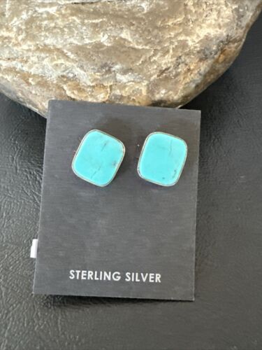 Navajo Blue Kingman Turquoise Post Stud Earrings | Sterling Silver | Authentic Native American Handmade | 17481