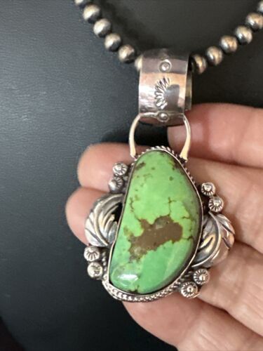 Navajo Green Gaspeite Pendant Necklace | Sterling Silver | Authentic Native American Handmade | 14998