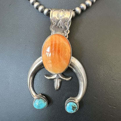 Navajo Blue Turquoise Orange Spiny Oyster Naja Pendant | Sterling Silver | Native American Handmade | 16410