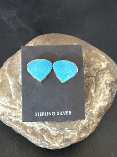 Navajo Blue Kingman Turquoise Post Stud Earrings | Sterling Silver | Authentic Native American Handmade | 17470
