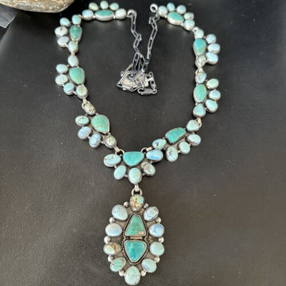 Navajo Blue Golden Hills Turquoise Lariat Necklace Pendant | 30" | Authentic Native American Handmade | 16188