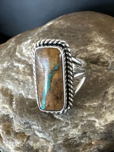 Navajo Ribbon Boulder Green Turquoise Ring | Sterling Silver | Sz 8.5 | Authentic Native American Handmade | 16386