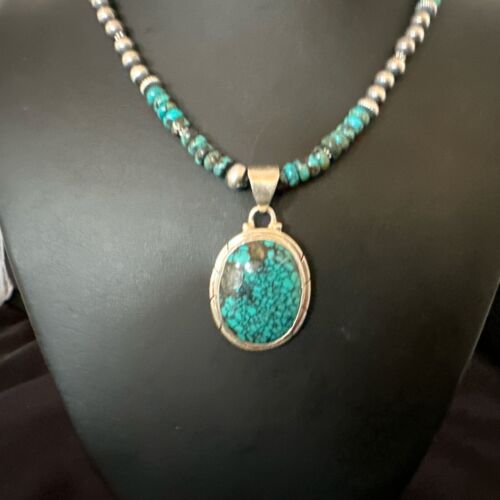 Men's Blue Spiderweb Turquoise Pendant Necklace | Navajo Sterling Silver | Authentic Native American Handmade | 17084