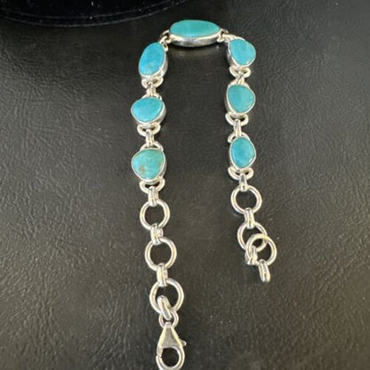 Navajo Blue Turquoise Link Bracelet | Sterling Silver | 8" | Authentic Native American Handmade | 15476 - Masha USA