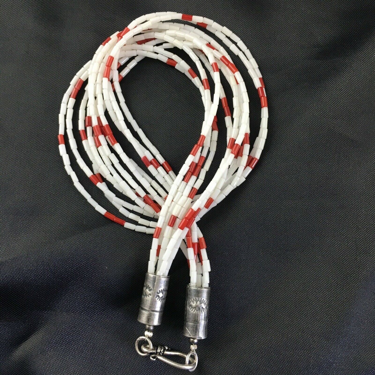 Men's Navajo Red White Coral Heishi Necklace | Sterling Silver | 6 Strand | 18" | 10147