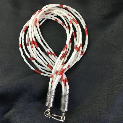 Men's Navajo Red White Coral Heishi Necklace | Sterling Silver | 6 Strand | 18" | 10147