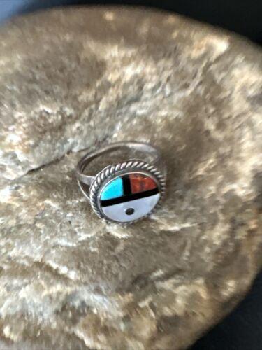 Zuni Pinky Coral Turquoise Onyx Mother of Pearl Inlay Ring | Sz 3 | Sterling Silver | 14918