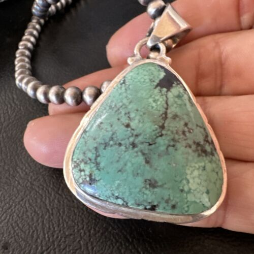 Men's Navajo Blue Spiderweb Turquoise Pendant Necklace | Sterling Silver | Authentic Native American Handmade | 16223