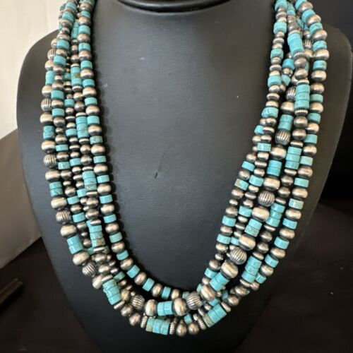 Navajo Sterling Silver 5 Strand 8mm Turquoise Heishi Necklace & Earrings Set | 20" | 17184