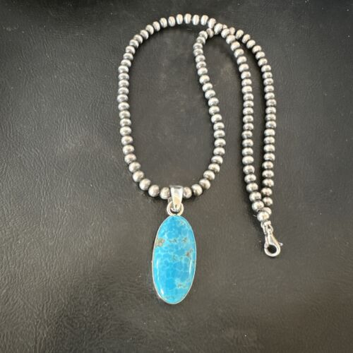 Navajo Blue Kingman Turquoise Pendant with Pearls | Sterling Silver Necklace | 20" | 16993