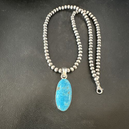 Navajo Blue Kingman Turquoise Pendant with Pearls | Sterling Silver Necklace | 20" | 16993