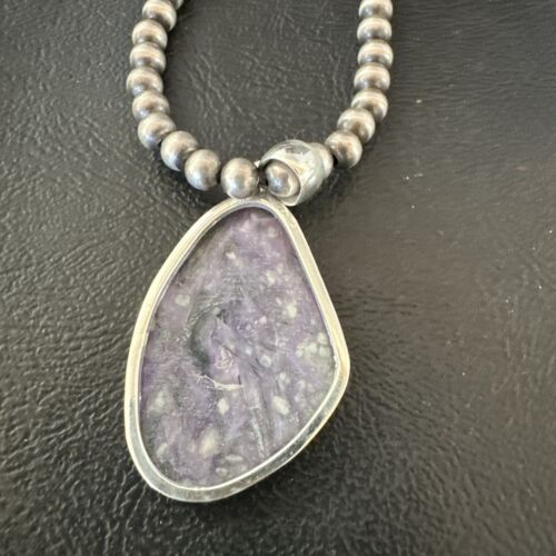 Navajo Purple Charoite Pendant with Pearls | Sterling Silver Necklace | Authentic Native American Handmade | 17312