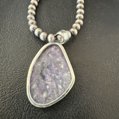 Navajo Purple Charoite Pendant with Pearls | Sterling Silver Necklace | Authentic Native American Handmade | 17312