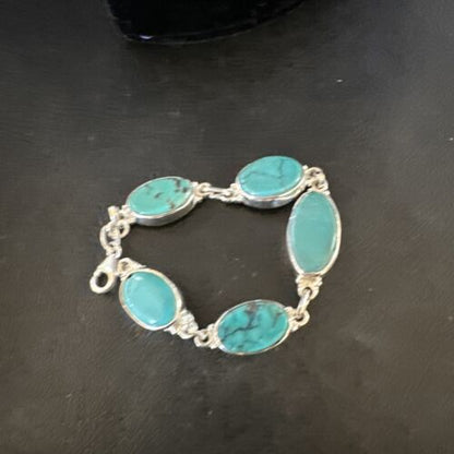 Navajo Blue Turquoise Link Bracelet | Sterling Silver | 8" | Authentic Native American Handmade | 15471