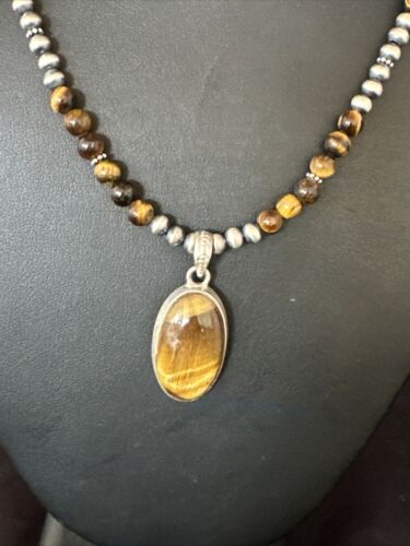 Navajo Coffee Tiger's Eye Pendant Necklace | Sterling Silver | 26" | Authentic Native American Handmade | 14886
