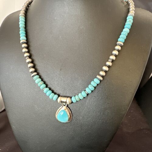 Men's Blue Turquoise Pendant Necklace | Navajo Pearls | Sterling Silver | Authentic Native American Handmade | 16644