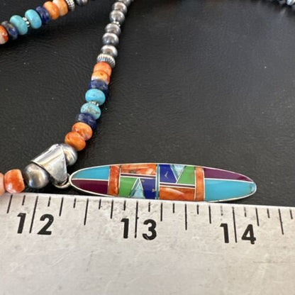 Navajo Spiny Oyster Turquoise Inlay Pendant Necklace | Sterling Silver | 21" | Authentic Native American Handmade | 16925