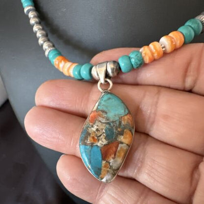 Navajo Spiny Turquoise Pendant Necklace | Sterling Silver | 21" | Authentic Native American Handmade | 17517