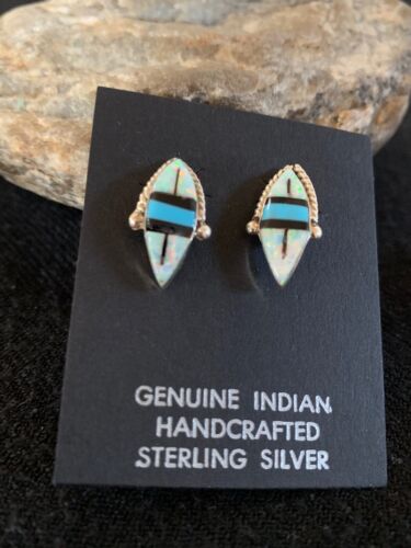 Navajo Turquoise White Opal Onyx Inlay Earrings | Sterling Silver | Authentic Native American Handmade | 13050