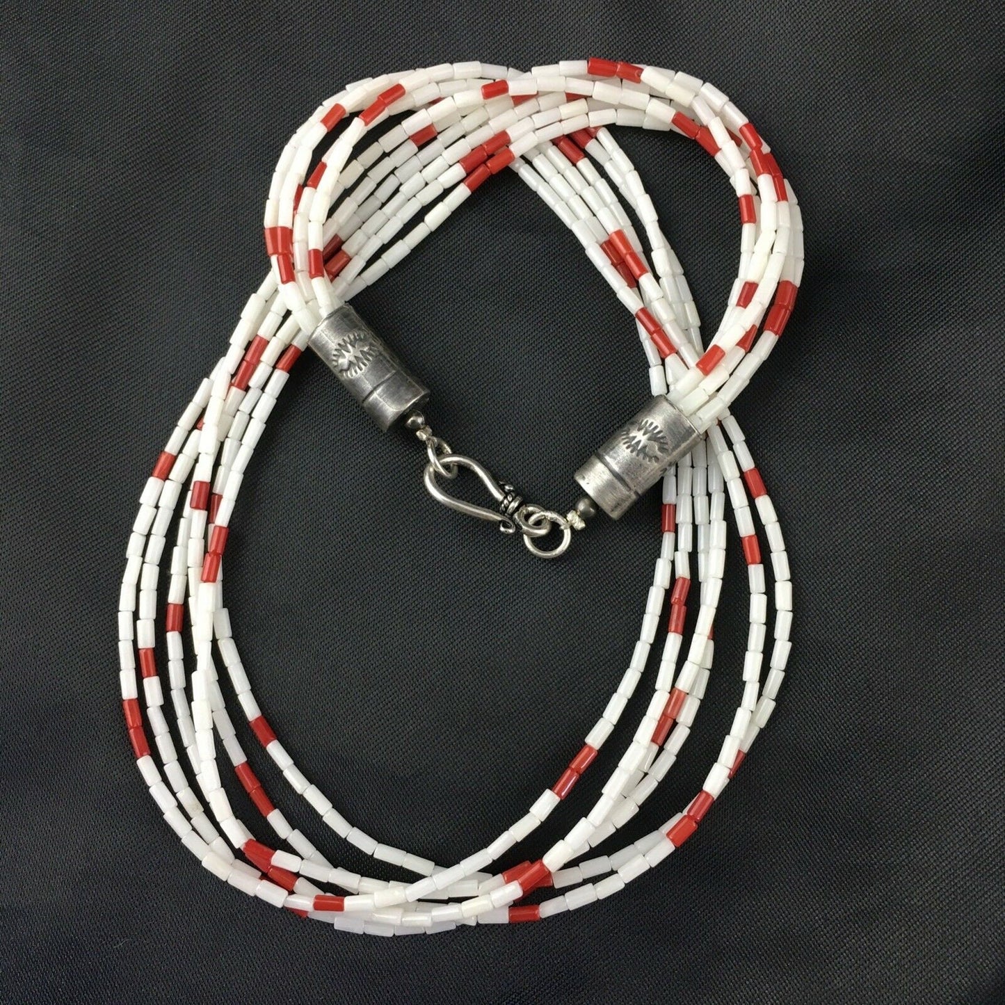 Men's Navajo Red White Coral Heishi Necklace | Sterling Silver | 6 Strand | 18" | 10147