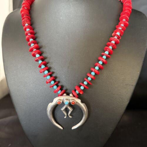 Navajo Blue Turquoise Naja Red Coral Sterling Silver Pendant Necklace 24" | Native American | 14434