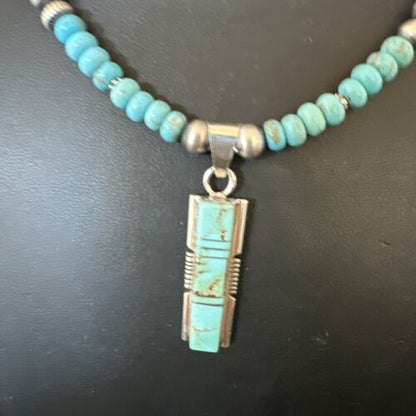 Turquoise #8 Inlay Pendant Necklace | Navajo Sterling Silver | Authentic Native American Handmade | 17121