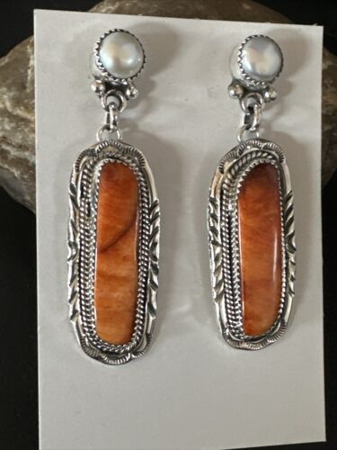 Navajo Red Spiny Oyster Pearl Dangle Earrings | Sterling Silver | Authentic Native American Handmade | 15325