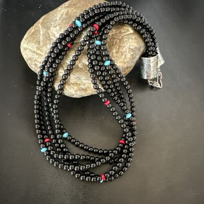 Navajo Black Onyx Turquoise Bead Necklace | Sterling Silver | 18" | Authentic Native American Handmade | 16821