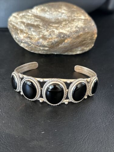 Navajo Sterling Silver Cuff Bracelet | Black Onyx 5 Stone | Authentic Native American Handmade | 14519