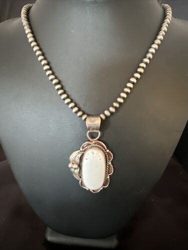 Navajo White Buffalo Turquoise Pendant Necklace | Sterling Silver | Authentic Native American Handmade | 15615