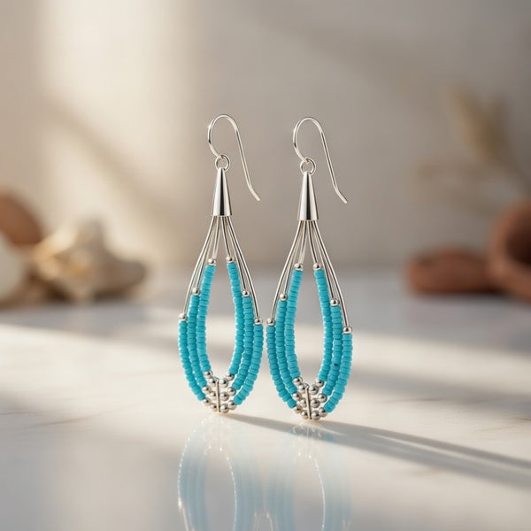 Blue Turquoise 3 Strands Heishi Liquid Dangle Earrings | Sterling Silver | Authentic Native American Handmade | 01969