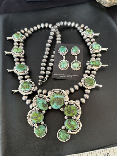Navajo Ultra Rare Green Sonoran Gold Turquoise Squash Blossom Necklace Set | Sterling Silver | 17208