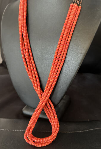 Navajo Red Spiny Oyster Shell Necklace | 5 Strand | Sterling Silver | 26" | Authentic Native American Handmade | 15530