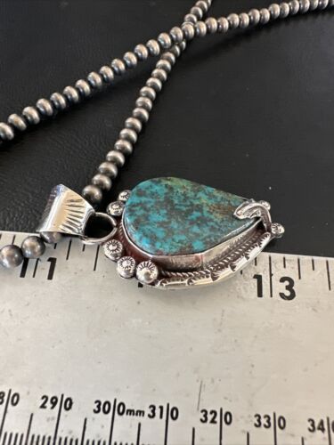 Navajo Blue Turquoise Pendant Necklace | Sterling Silver Pearls | Authentic Native American Handmade | 15761