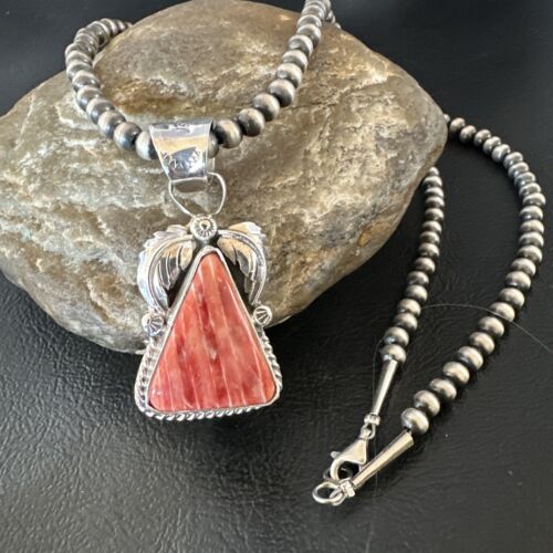 Navajo Red Spiny Oyster Pendant Necklace | Sterling Silver | Authentic Native American Handmade | 16149