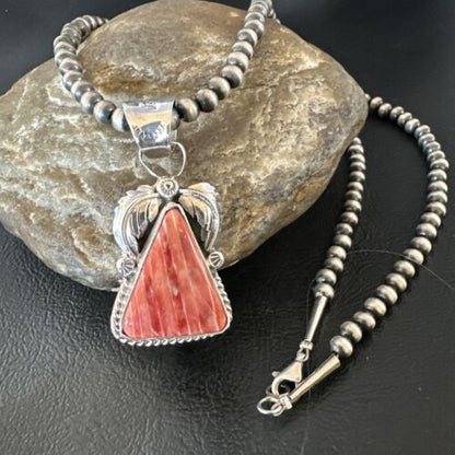 Navajo Red Spiny Oyster Pendant Necklace | Sterling Silver | Authentic Native American Handmade | 16149