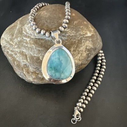 Navajo Blue Larimar Pendant Necklace | Sterling Silver Beads | Authentic Native American Handmade | 17563