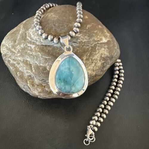 Navajo Blue Larimar Pendant Necklace | Sterling Silver Beads | Authentic Native American Handmade | 17563