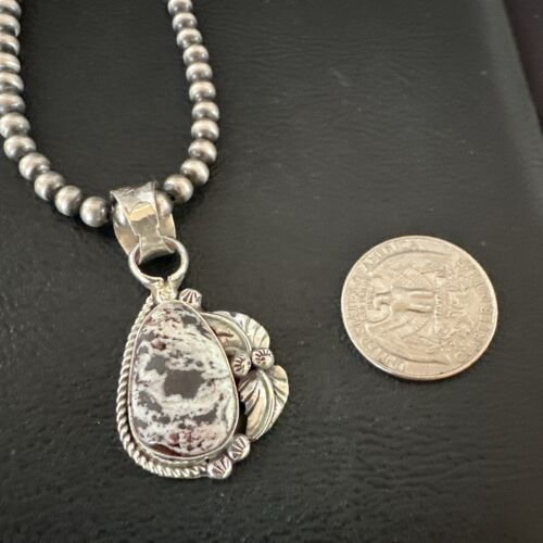 White Buffalo Turquoise Pendant | Navajo Pearls Sterling Silver Necklace 21" | Handmade Jewelry 17329