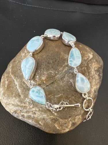 Navajo Blue Larimar Bracelet | Sterling Silver 7 Link | 8" | Authentic Native American Handmade | 16085