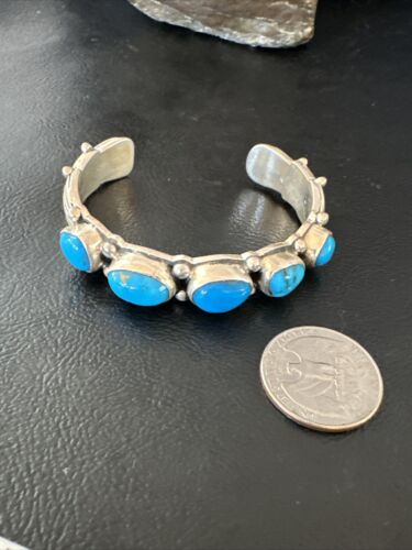 Navajo Blue Kingman Turquoise Cuff Bracelet | Sterling Silver | 5 Stone | Authentic Native American Handmade | 15988 - Masha USA
